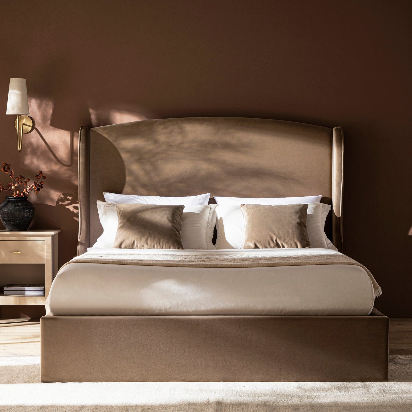 Kimberly Winged Upholstered Bed with Storage, Taupe Velvet