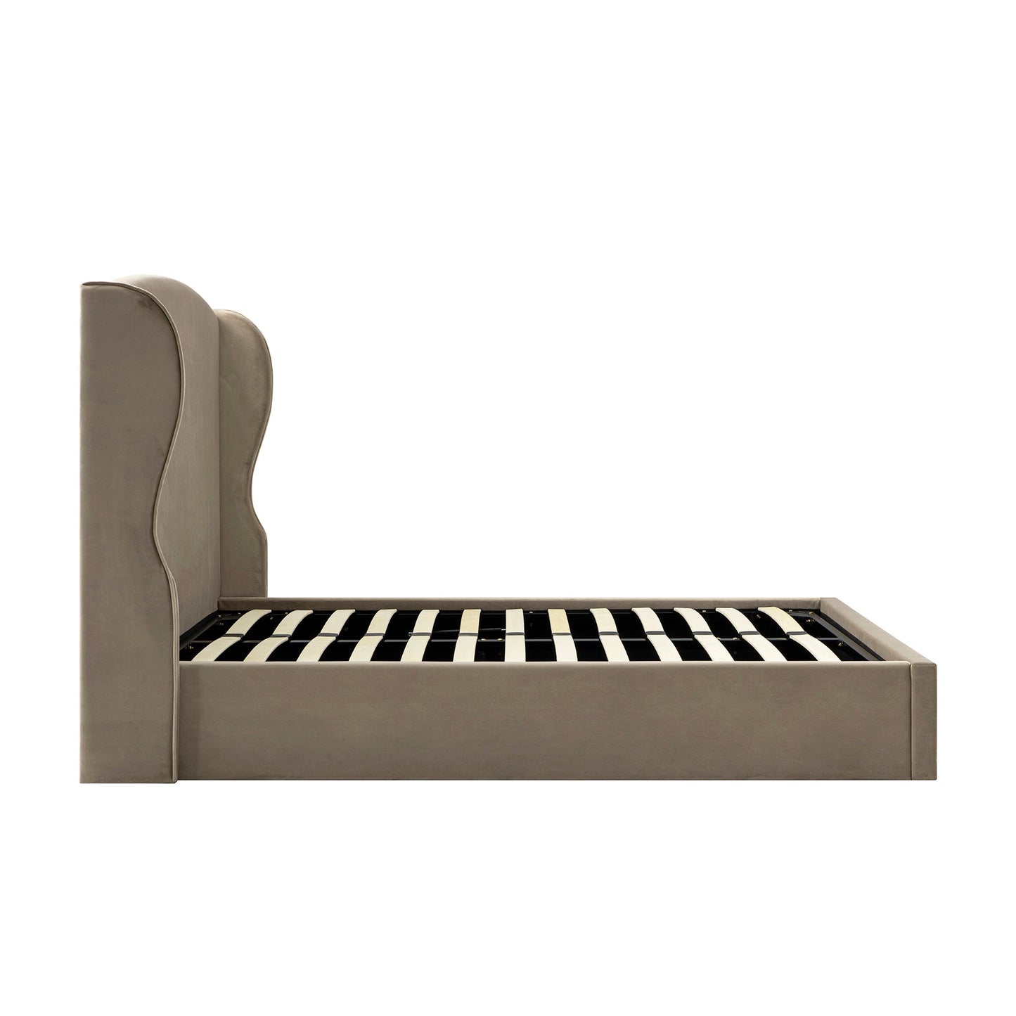 Kimberly Winged Upholstered Bed with Storage, Taupe Velvet