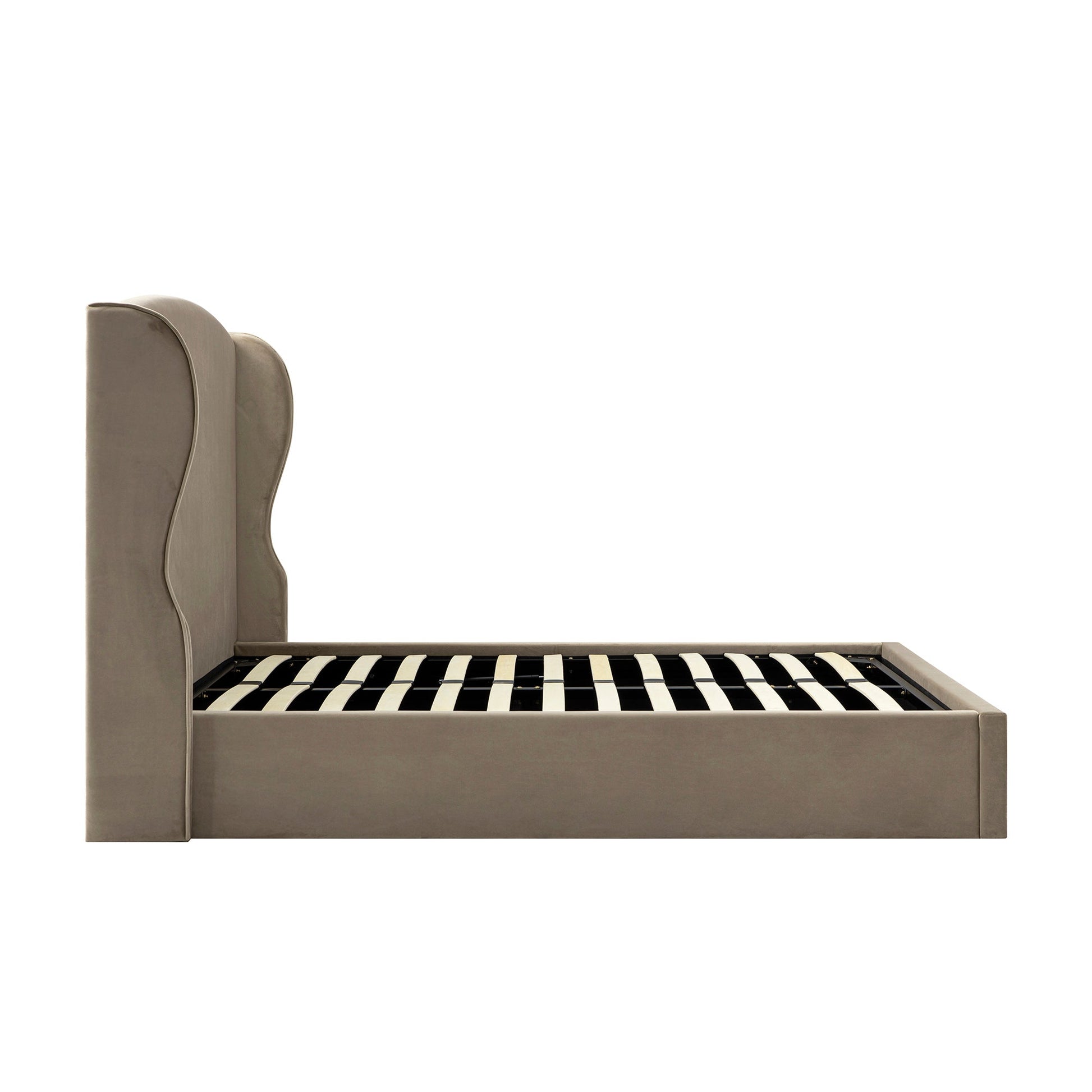 Kimberly Winged Upholstered Bed with Storage, Taupe Velvet