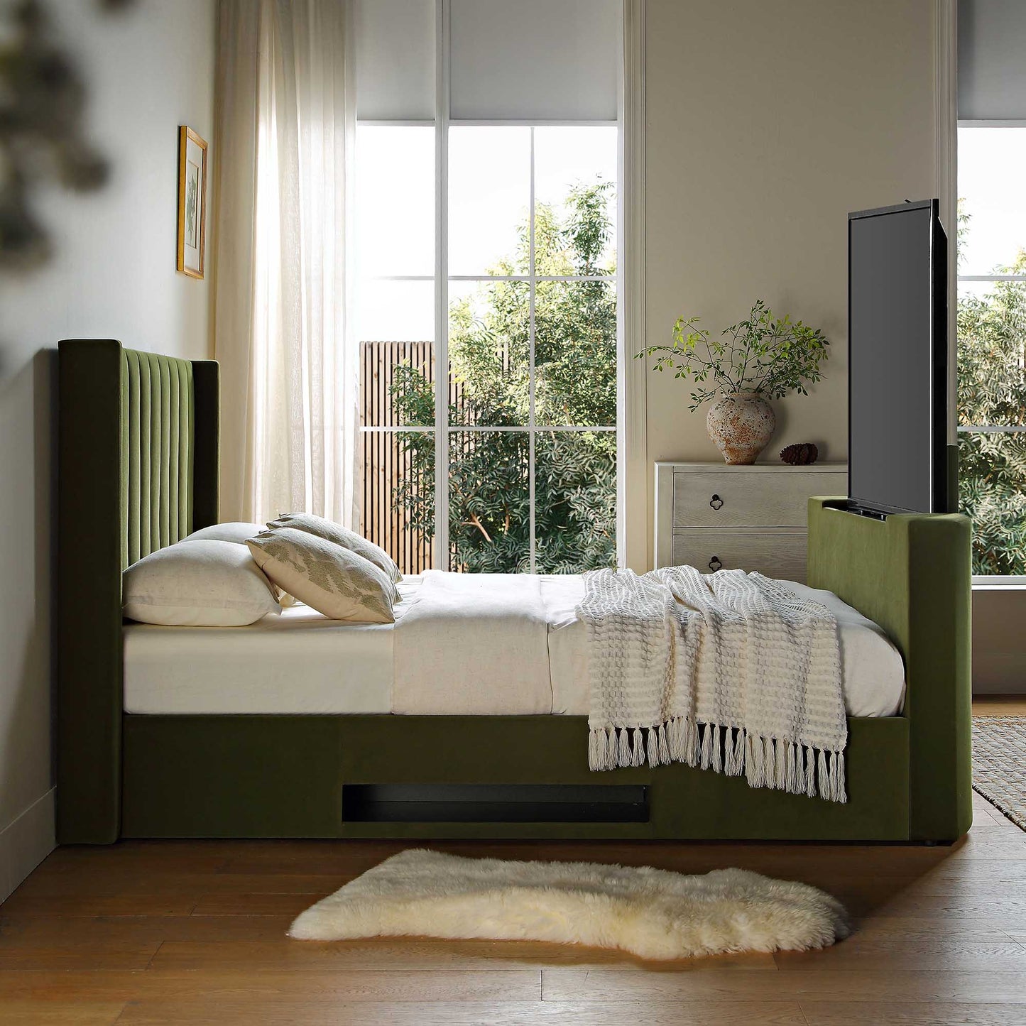 Wilton Moss Green Velvet TV Bed with Ottoman Storage
