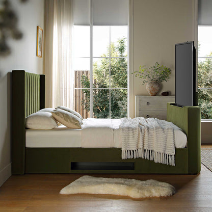 Wilton Moss Green Velvet TV Bed with Ottoman Storage