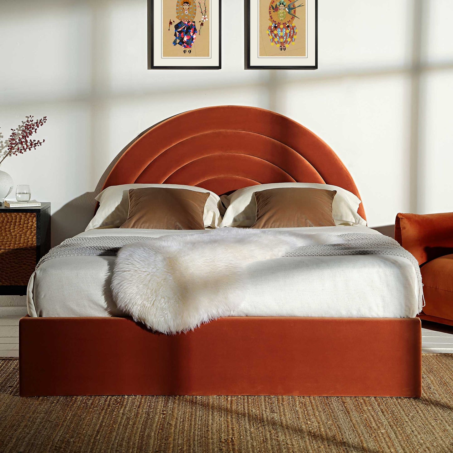 Archer Rust Velvet Ottoman Bed with Storage