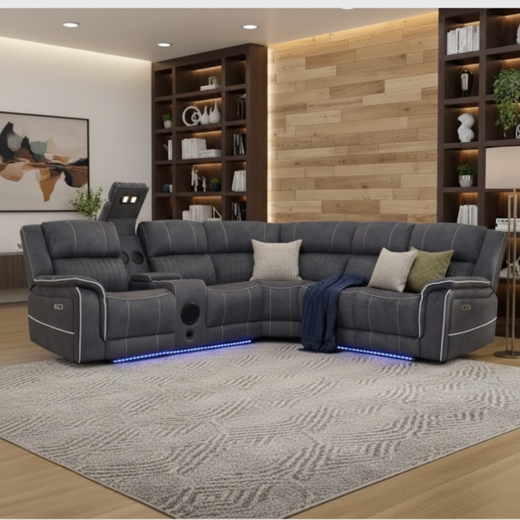 Grey Upholstered Corner Sectional Recliner Sofa with LED Accent Lights