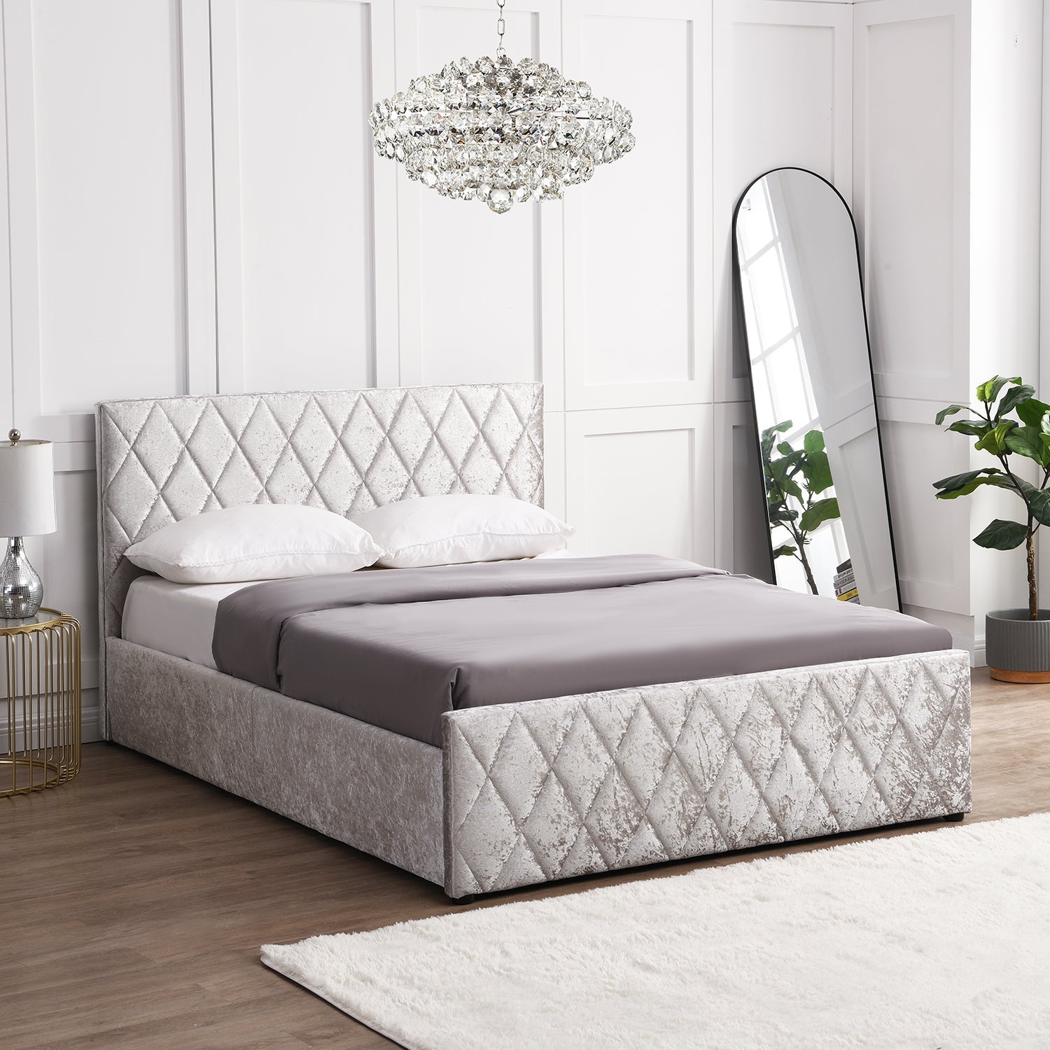 Hayden Crushed Velvet Side Lift Storage Ottoman Bed Upholstered Bed Frame Silver