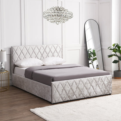 Hayden Crushed Velvet Side Lift Storage Ottoman Bed Upholstered Bed Frame Silver