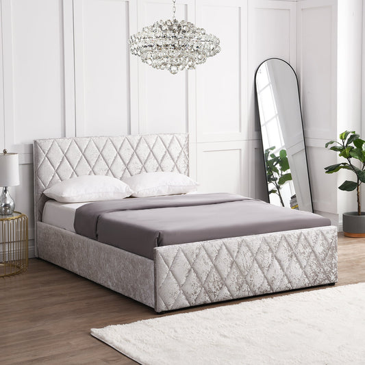 Hayden Crushed Velvet Side Lift Storage Ottoman Bed Upholstered Bed Frame Silver