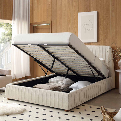 Helia Pleated Ottoman Bed with Storage, Beige Boucle