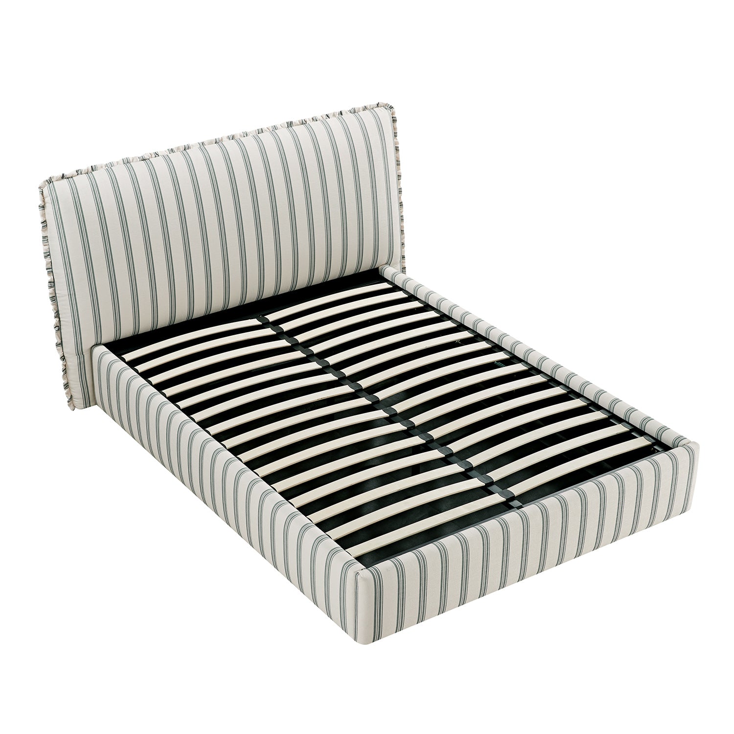 Celeste Upholstered Bed with Storage with Ruffled Headboard, Laurel Green Stripe