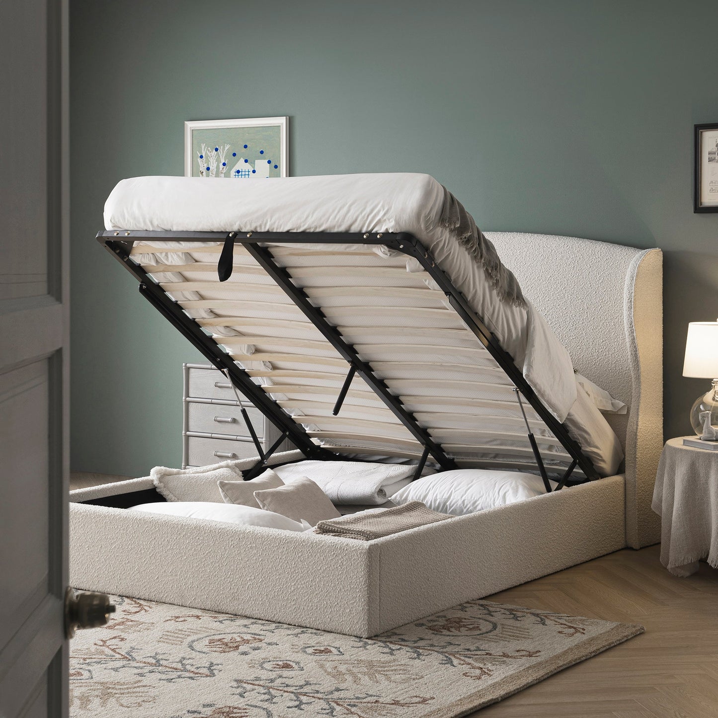 Kimberly Winged Upholstered Bed with Storage, Ecru Boucle