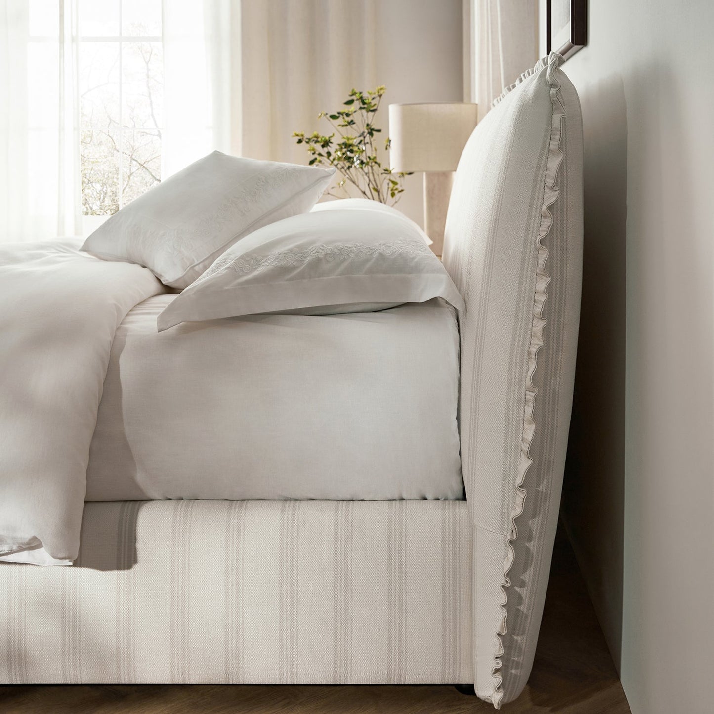 Celeste Upholstered Bed with Storage with Ruffled Headboard, Seashell Stripe
