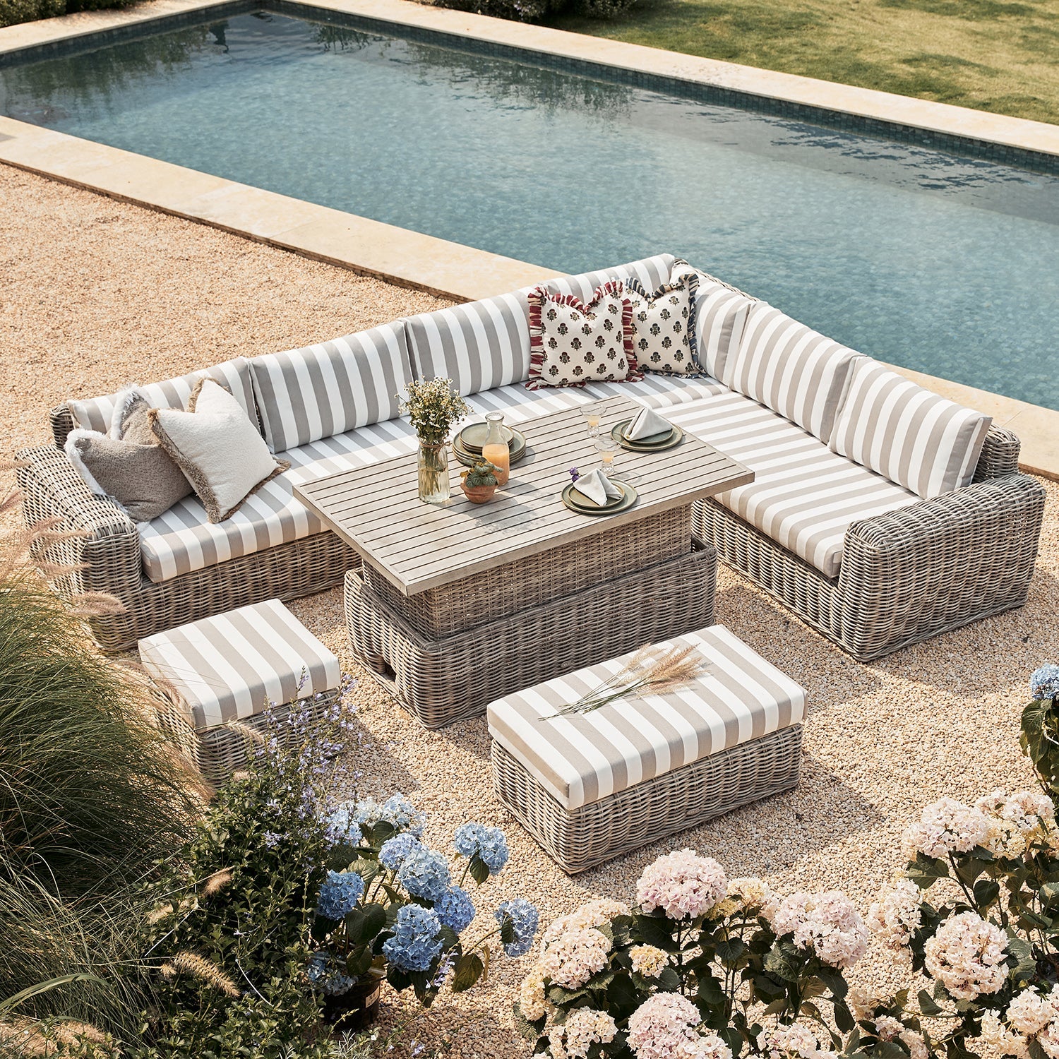 Bellagio Round Wicker Large Corner Casual Dining Set with Rising Table, Light Grey with Taupe Stripes