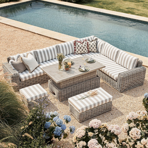 Bellagio Round Wicker Large Corner Casual Dining Set with Rising Table, Light Grey with Taupe Stripes
