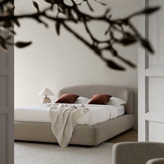 Constance Winged Headboard Ottoman Bed with Storage, Light Taupe Boucle