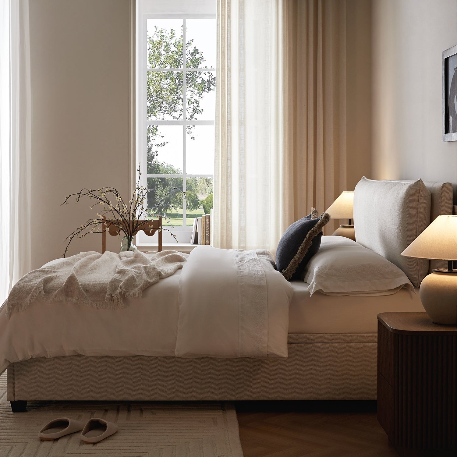 Kricia Upholstered Bed with Storage with Pillow Headboard, Oatmeal Chevron