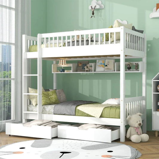 Kids Bunk Bed with Storage Drawer & Shelves - White