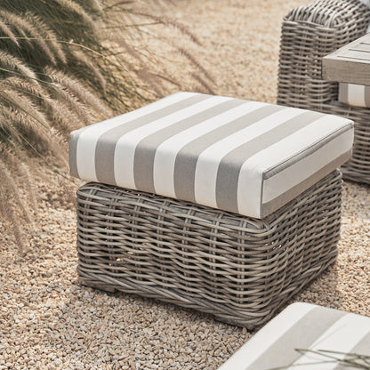 Bellagio Round Wicker Large Corner Casual Dining Set with Rising Table, Light Grey with Taupe Stripes
