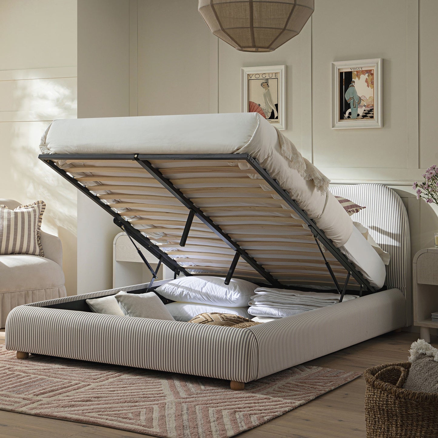 Egerie Curved Headboard Light Taupe Striped Fabric Ottoman Bed with Storage