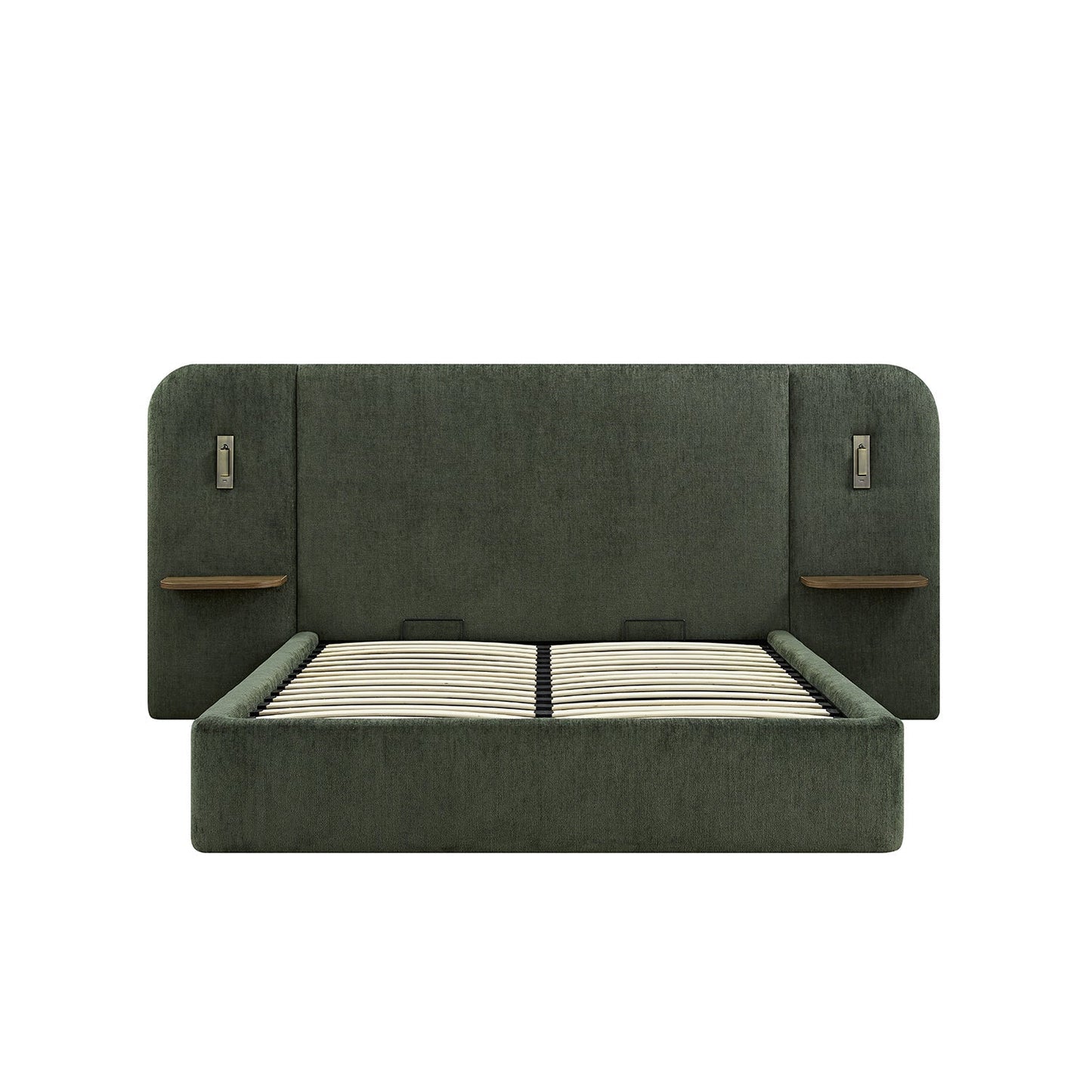 Della Extended Headboard Bed with Storage, Moss Green Chenille
