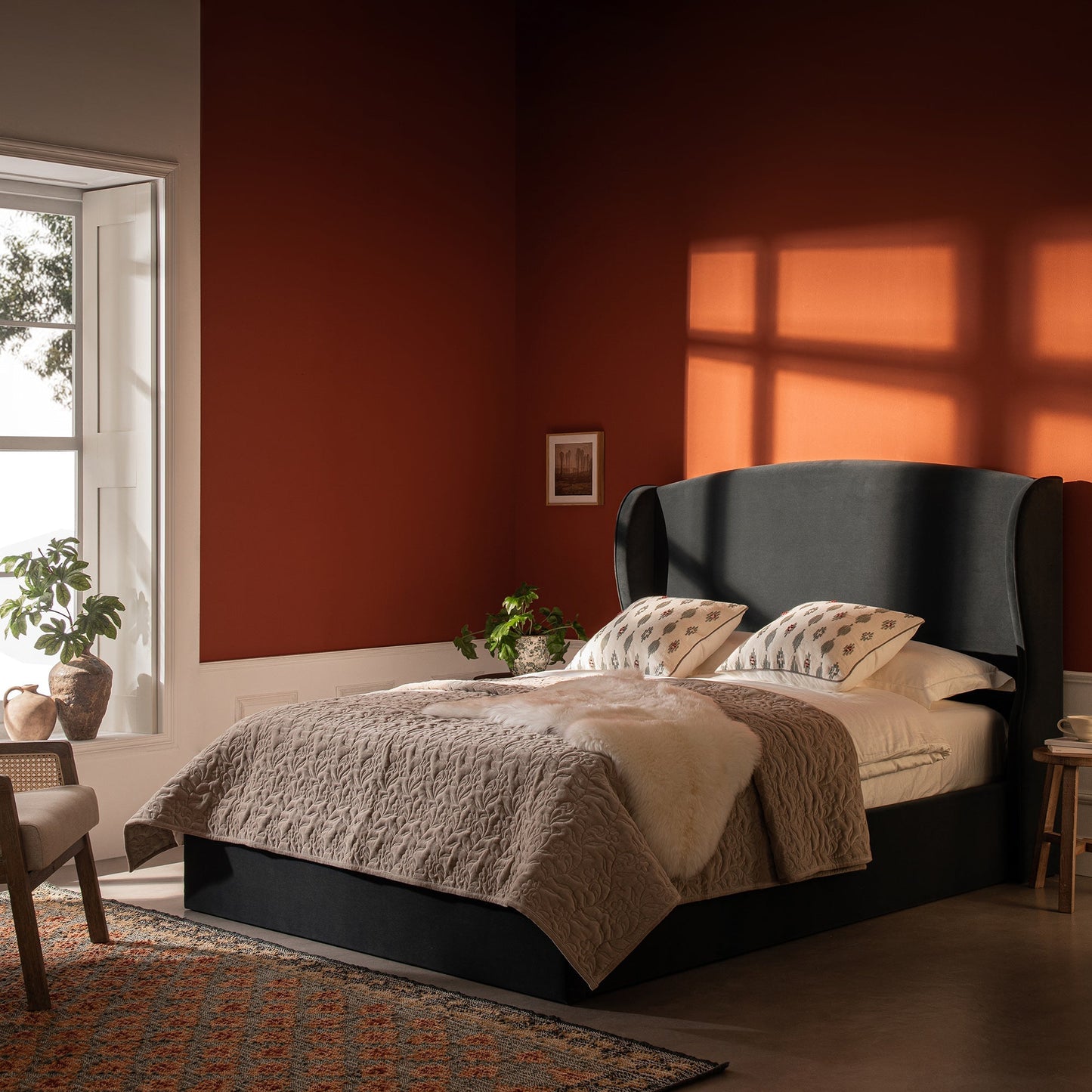 Kimberly Winged Upholstered Bed with Storage, Aegean Blue Velvet