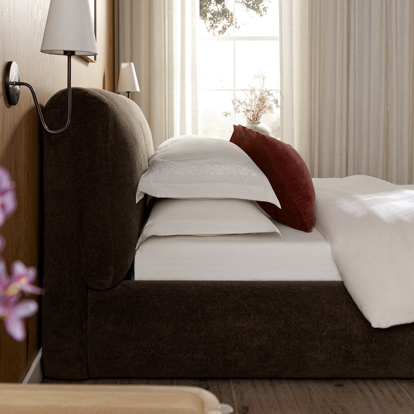 Thera Pillow Headboard Upholstered Bed, Cocoa Chenille