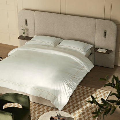 Della Extended Headboard Bed with Storage, Soft Beige Chenille