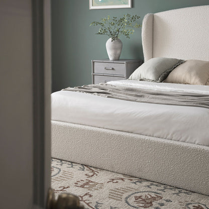 Kimberly Winged Upholstered Bed with Storage, Ecru Boucle