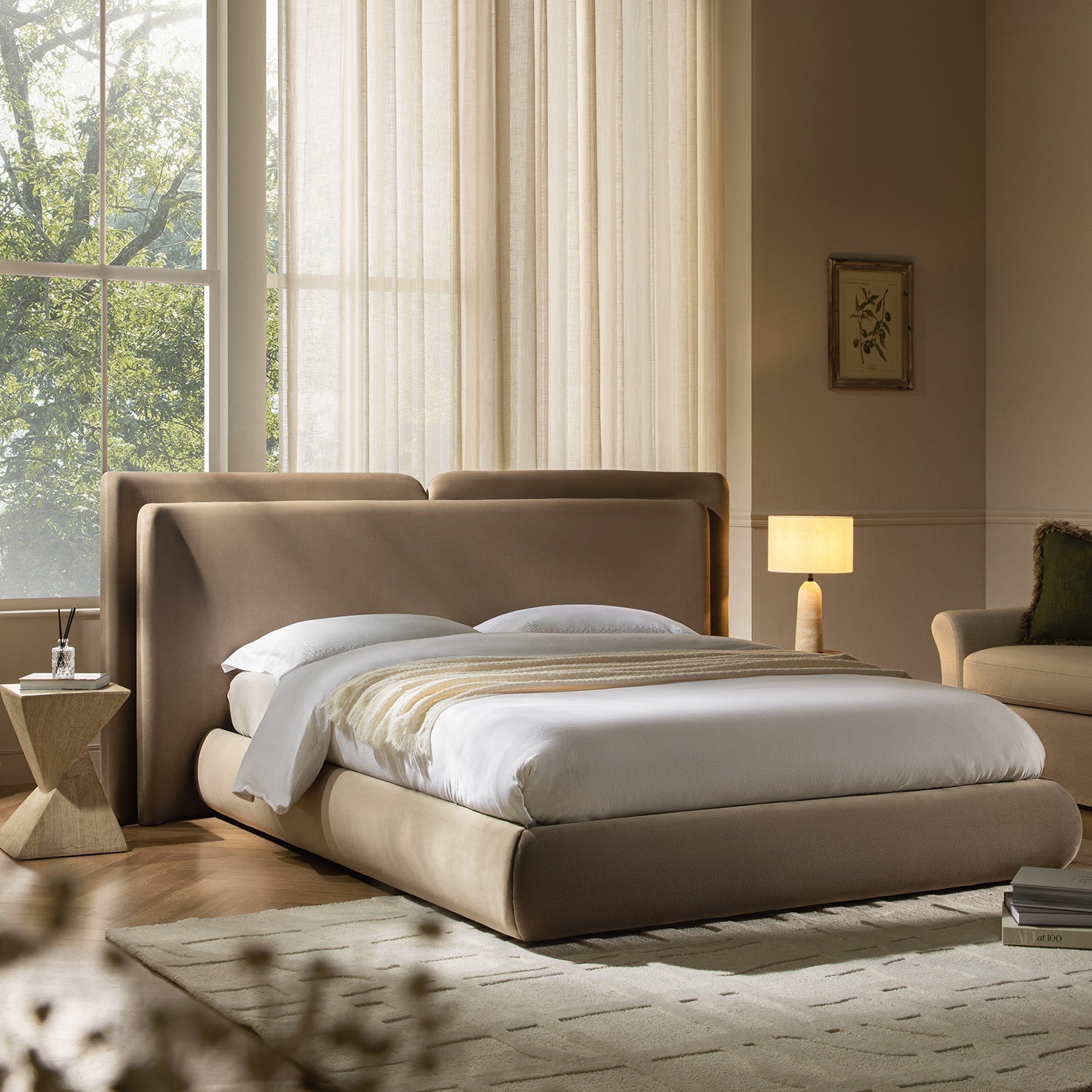 Jolene Layered Wingback Bed with Storage, Taupe Velvet