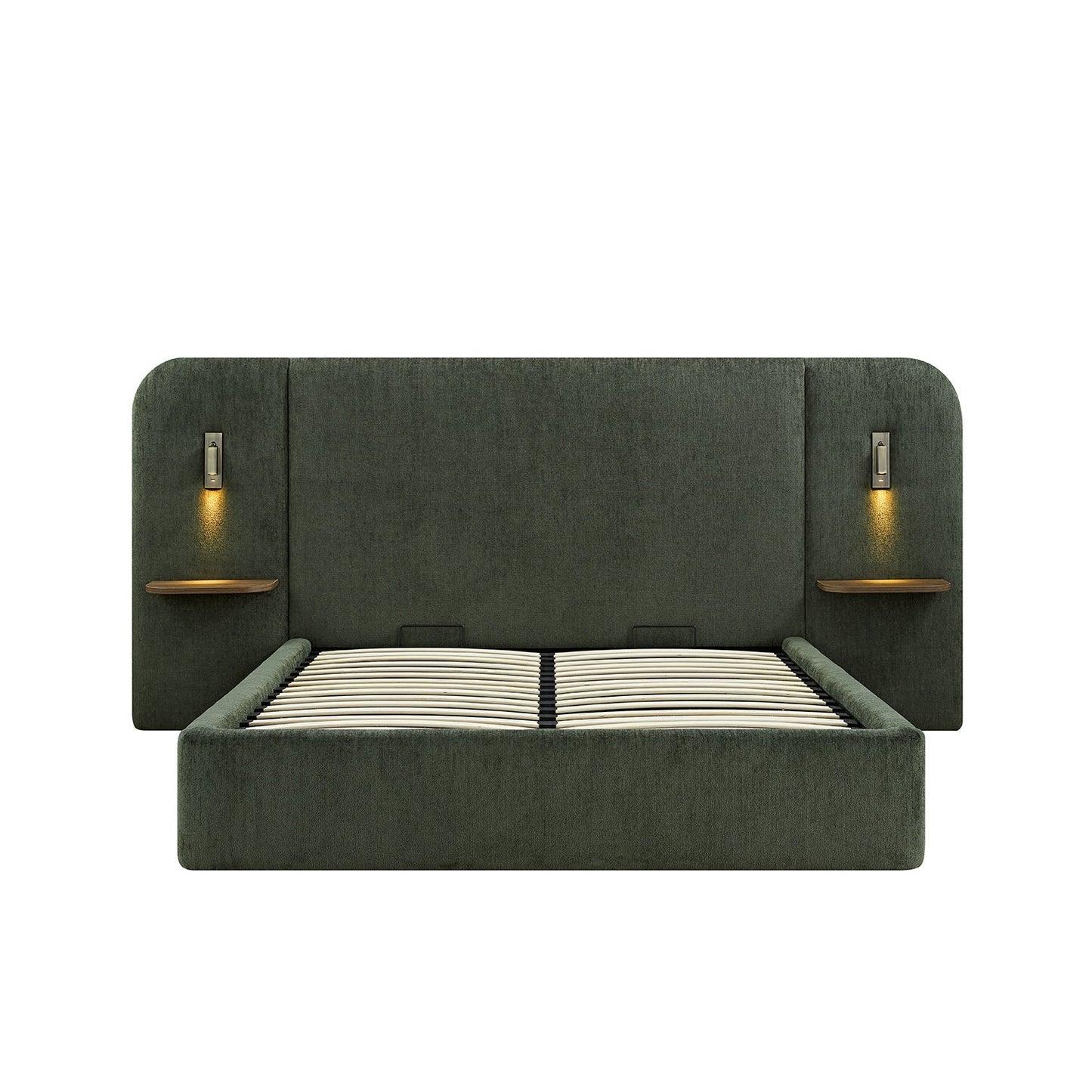 Della Extended Headboard Bed with Storage, Moss Green Chenille