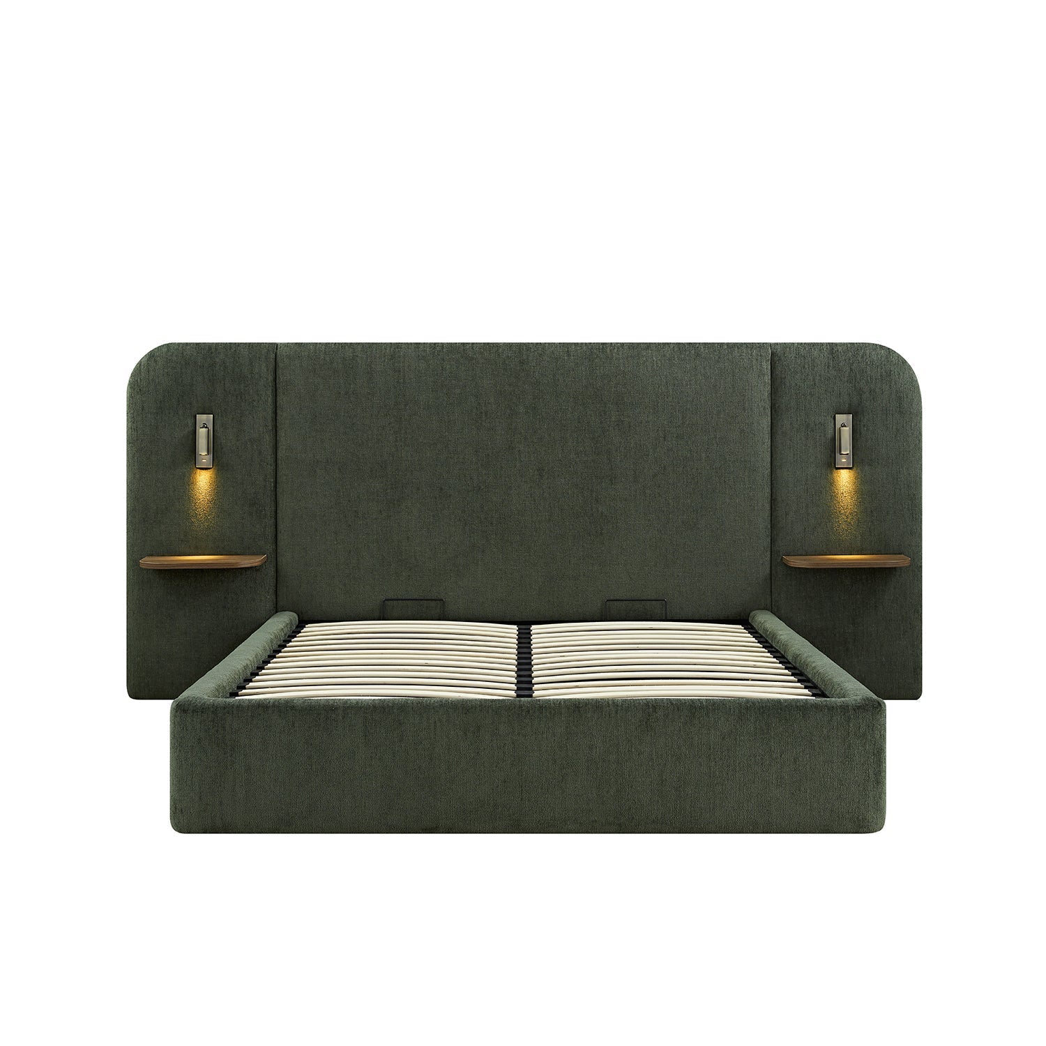 Della Extended Headboard Bed with Storage, Moss Green Chenille