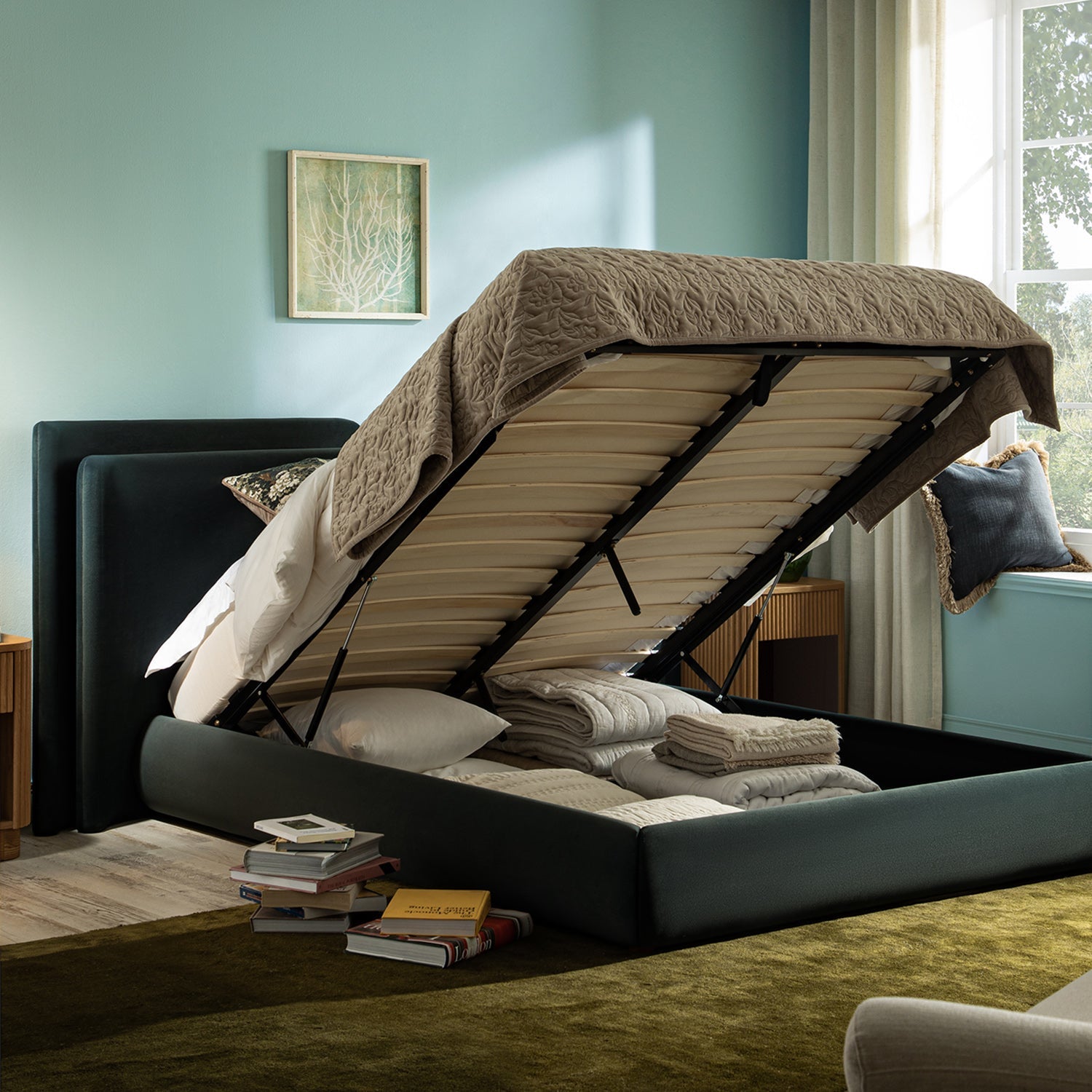 Jolene Layered Wingback Bed with Storage, Aegean Blue Velvet