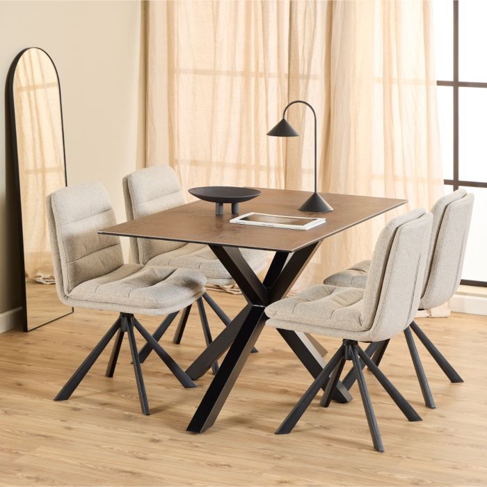 Heaven Dining Table with Ceramic Rusty Brown Top 135cm with 4 Dean Beige Swivel Chairs