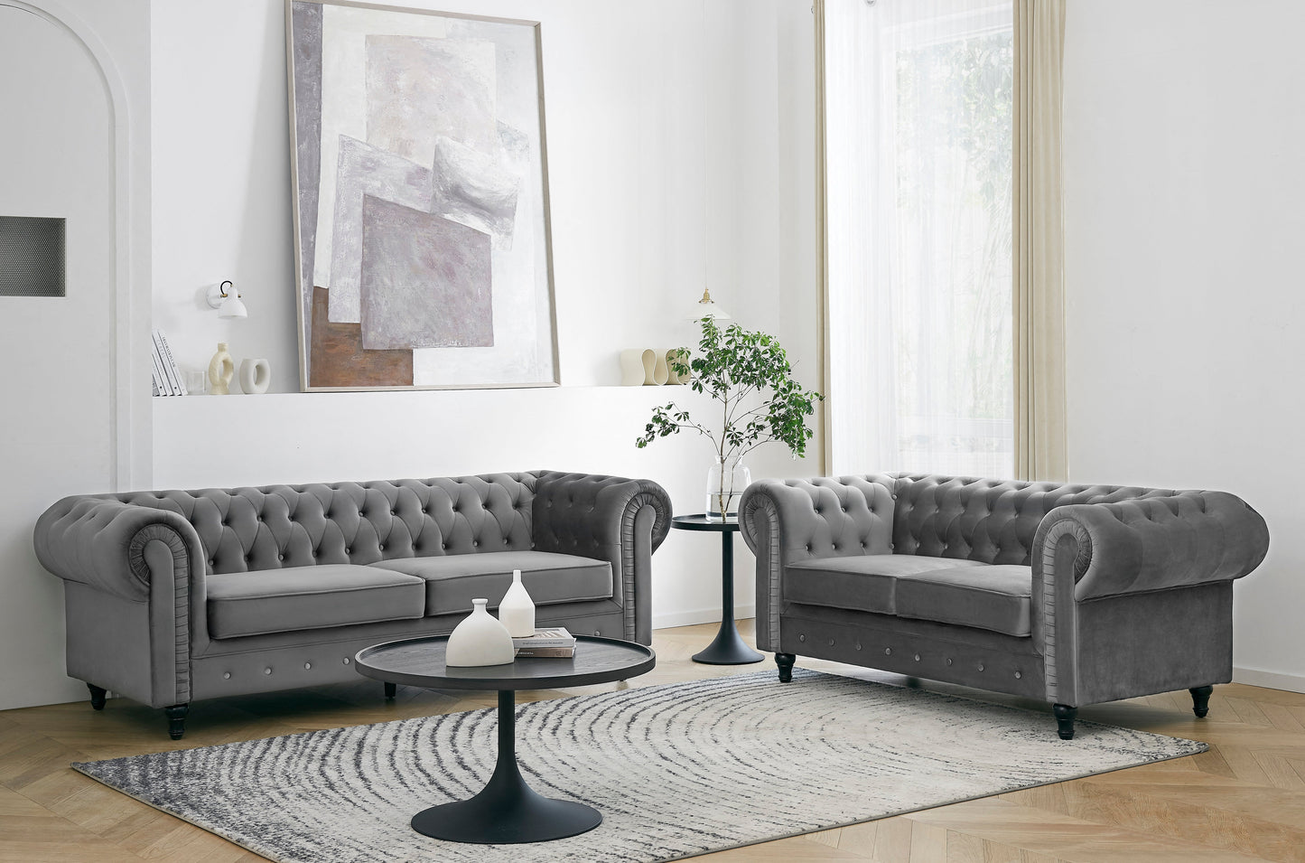 Chesterfield Pleat Velvet Fabric 2+3 Seater Sofa Set, Midnight Blue Velvet