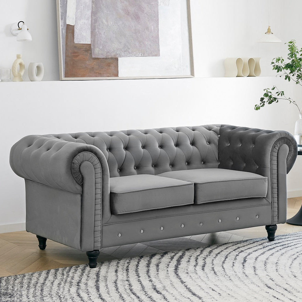 Chesterfield Pleat Velvet Fabric 2+3 Seater Sofa Set, Midnight Blue Velvet