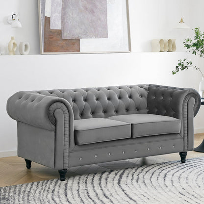 Chesterfield Pleat Velvet Fabric 2+3 Seater Sofa Set, Midnight Blue Velvet