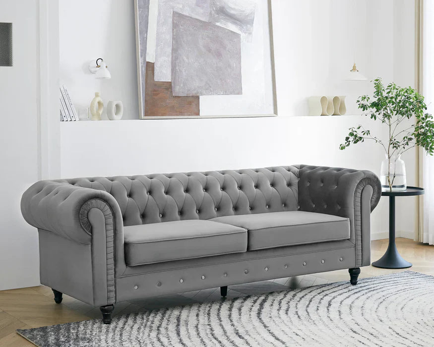 Chesterfield Pleat Velvet Fabric 2+3 Seater Sofa Set, Midnight Blue Velvet