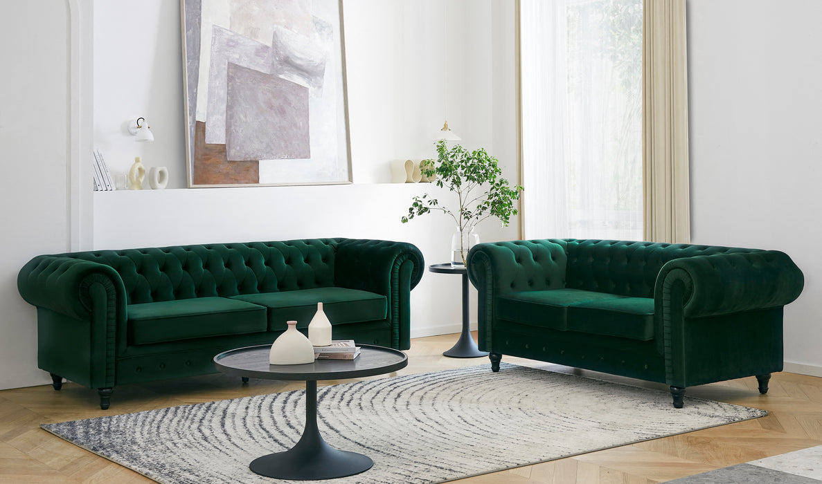 Chesterfield Pleat Velvet Fabric 2+3 Seater Sofa Set, Midnight Blue Velvet