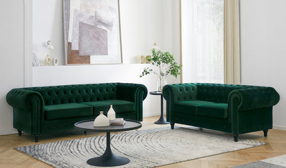 Chesterfield Pleat Velvet Fabric 2+3 Seater Sofa Set, Midnight Blue Velvet