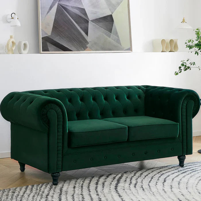 Chesterfield Pleat Velvet Fabric 2+3 Seater Sofa Set, Midnight Blue Velvet