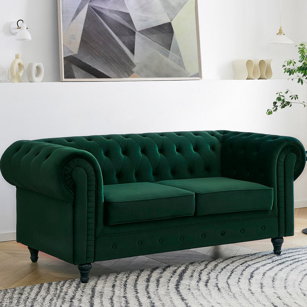 Chesterfield Pleat Velvet Fabric 2+3 Seater Sofa Set, Midnight Blue Velvet