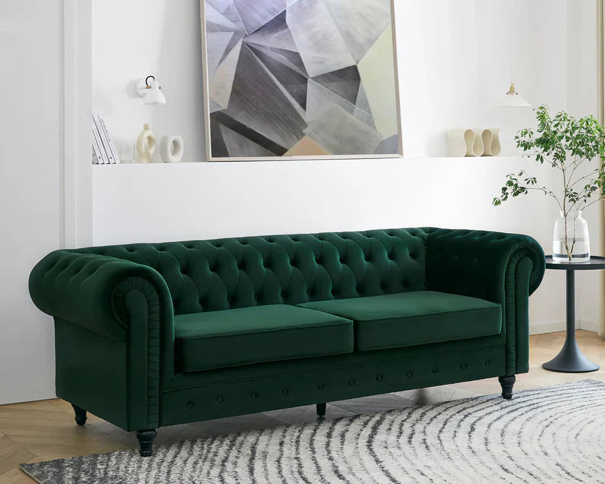 Chesterfield Pleat Velvet Fabric 2+3 Seater Sofa Set, Midnight Blue Velvet