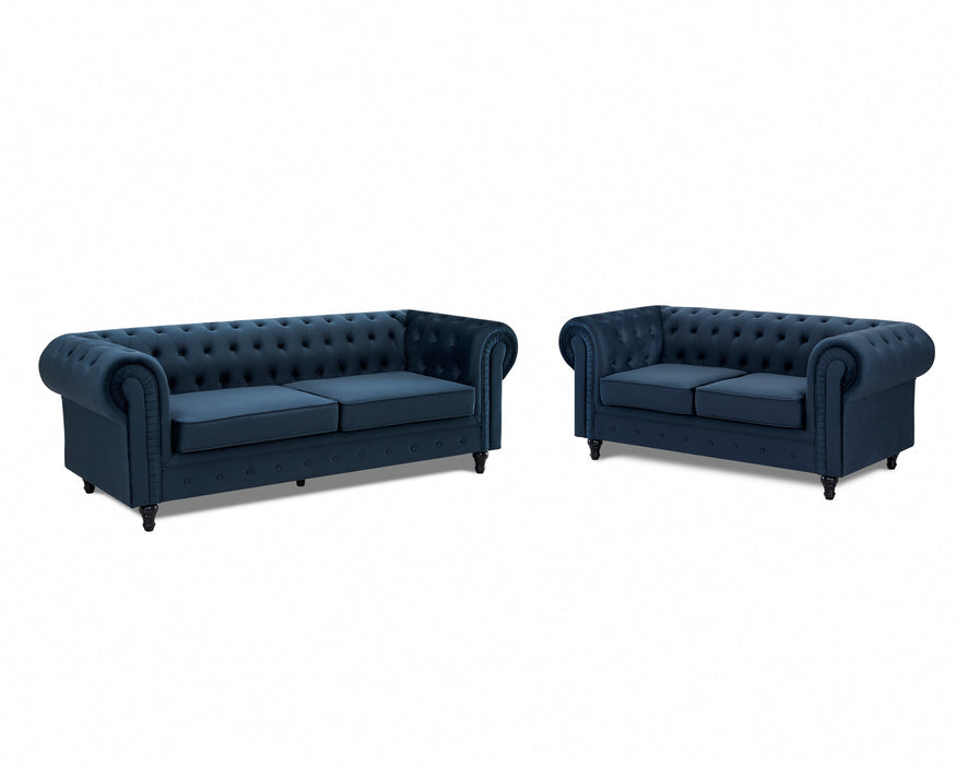 Chesterfield Pleat Velvet Fabric 2+3 Seater Sofa Set, Midnight Blue Velvet – view 5