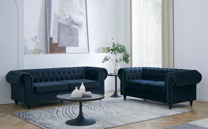 Chesterfield Pleat Velvet Fabric 2+3 Seater Sofa Set, Midnight Blue Velvet – view 6