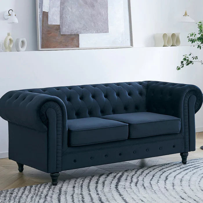 Chesterfield Pleat Velvet Fabric 2+3 Seater Sofa Set, Midnight Blue Velvet – view 19