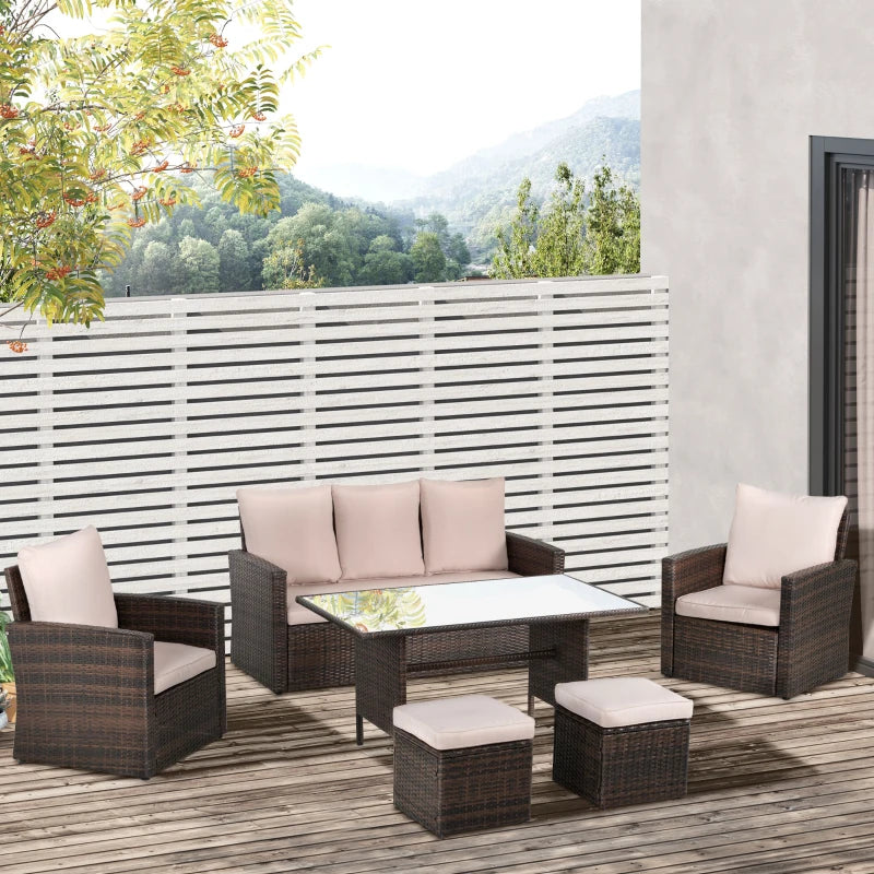 Outsunny Six-Piece Rattan Outdoor Sofa Set, with Glass-Top Table - Mixed Brown