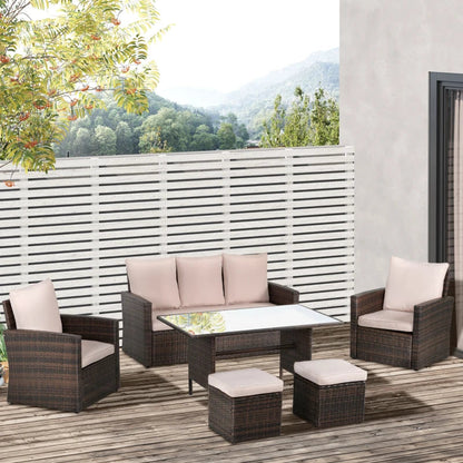 Outsunny Six-Piece Rattan Outdoor Sofa Set, with Glass-Top Table - Mixed Brown