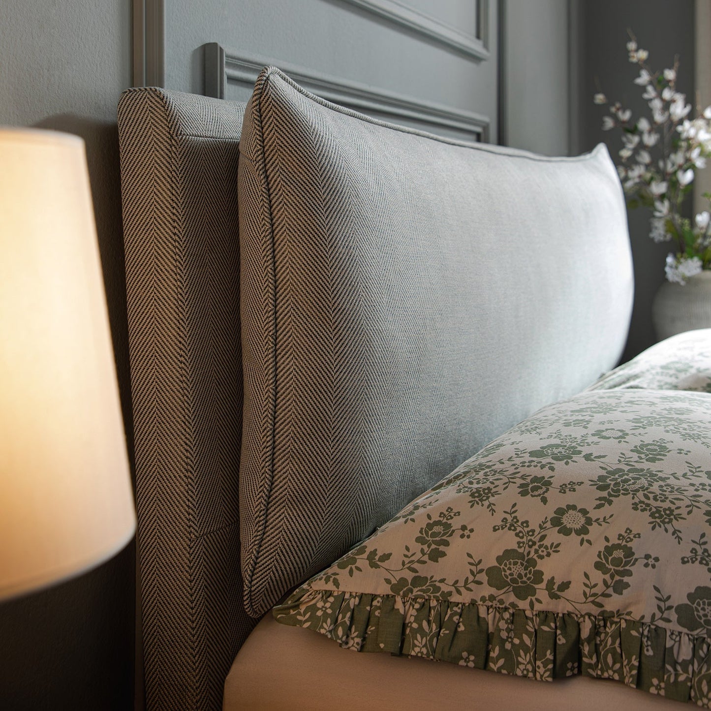 Kricia Upholstered Bed with Storage with Pillow Headboard, Slate Blue Chevron