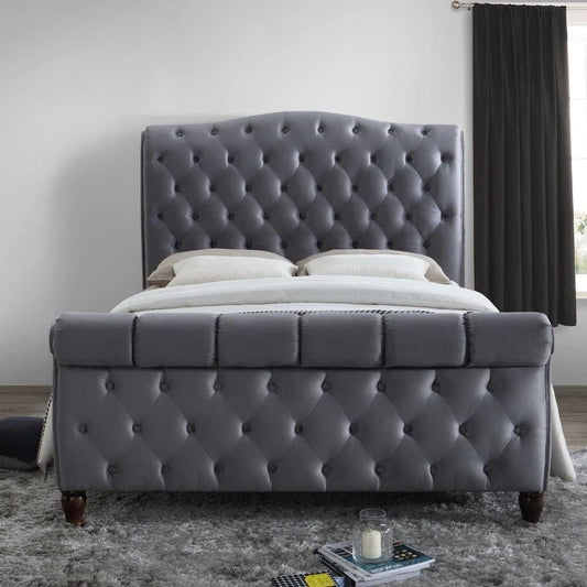 Velvet Sleigh Scroll Footboard Bed Frame