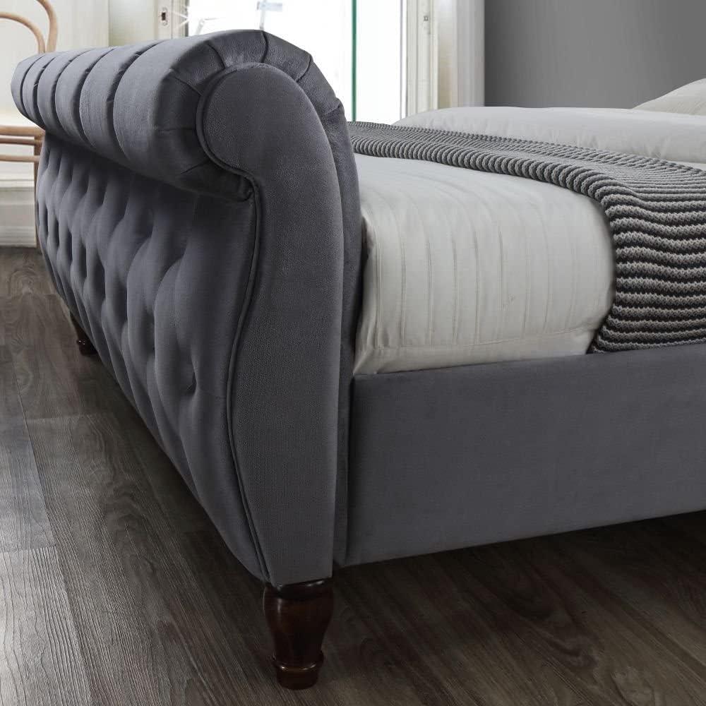 Velvet Sleigh Scroll Footboard Bed Frame
