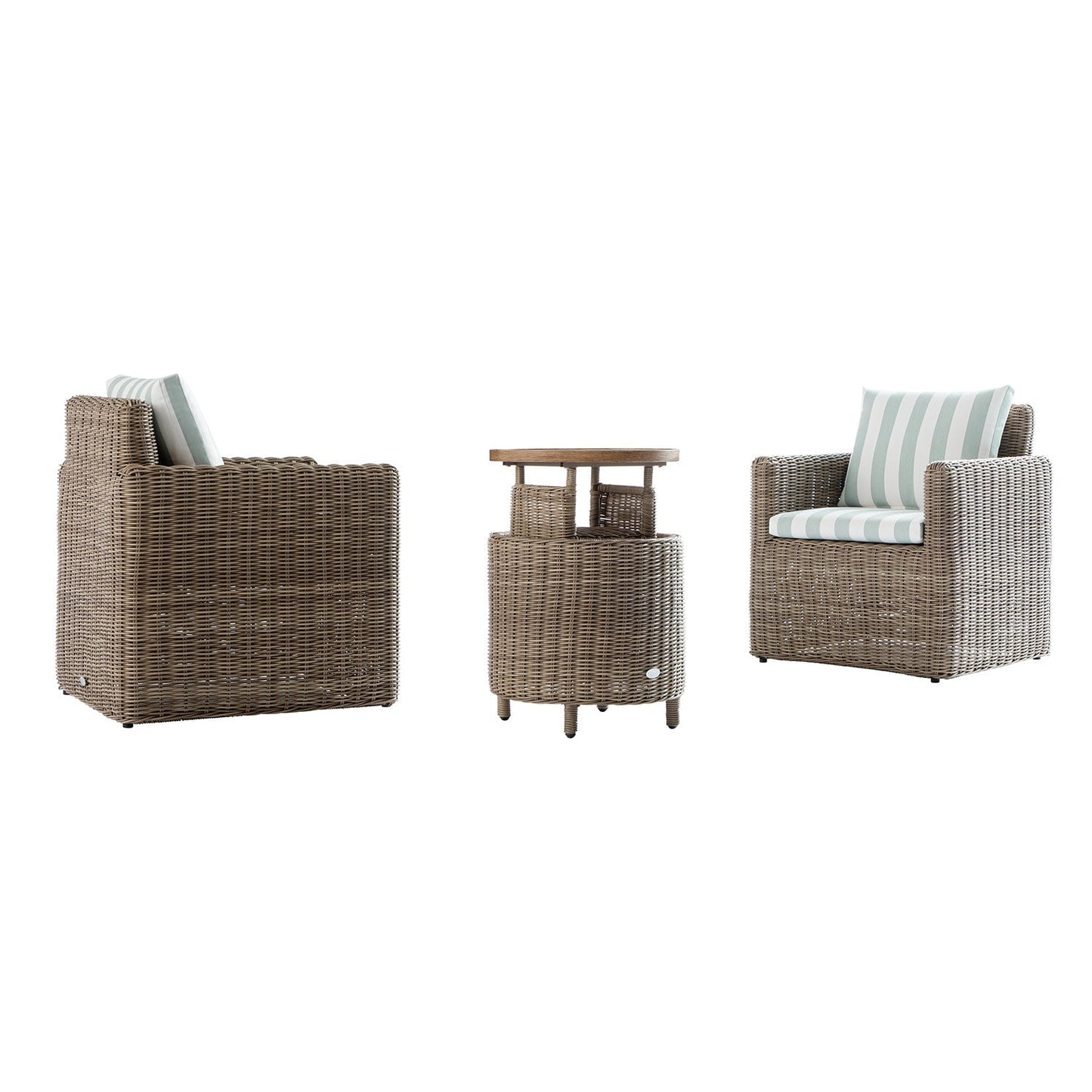 Bellagio Round Wicker Bistro Set with Rising Side Table, Natural with Sage Stripes