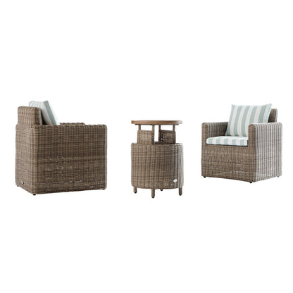 Bellagio Round Wicker Bistro Set with Rising Side Table, Natural with Sage Stripes